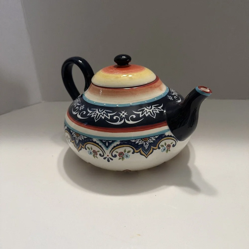 Bella Casa by Ganz Ceramic Teapot Boho Floral Navy Blue BC12812